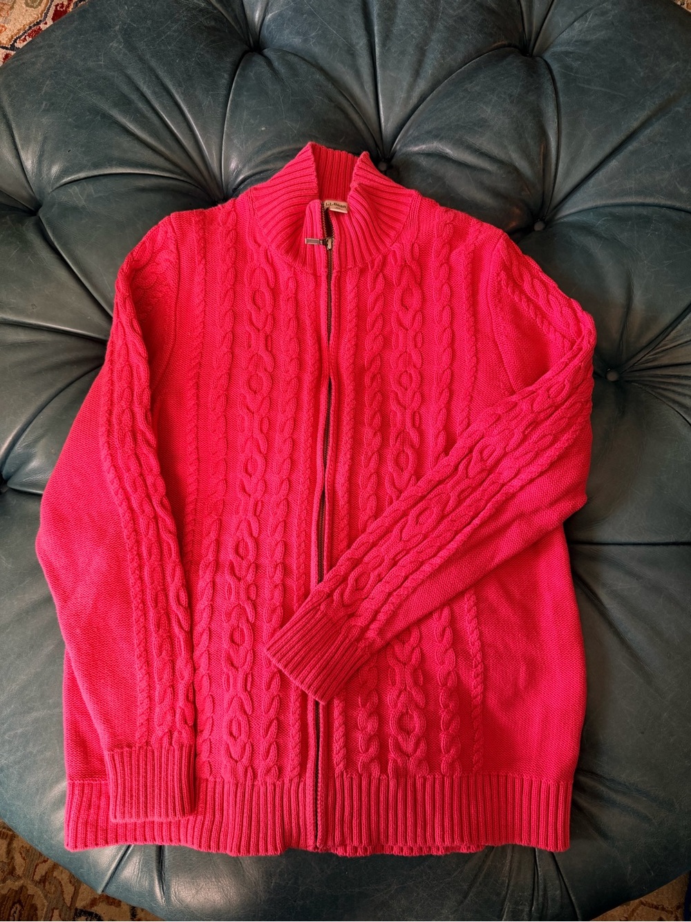 L.L. Bean Women's pink/coral red Cable-Knit Full-Zip Cardigan XL